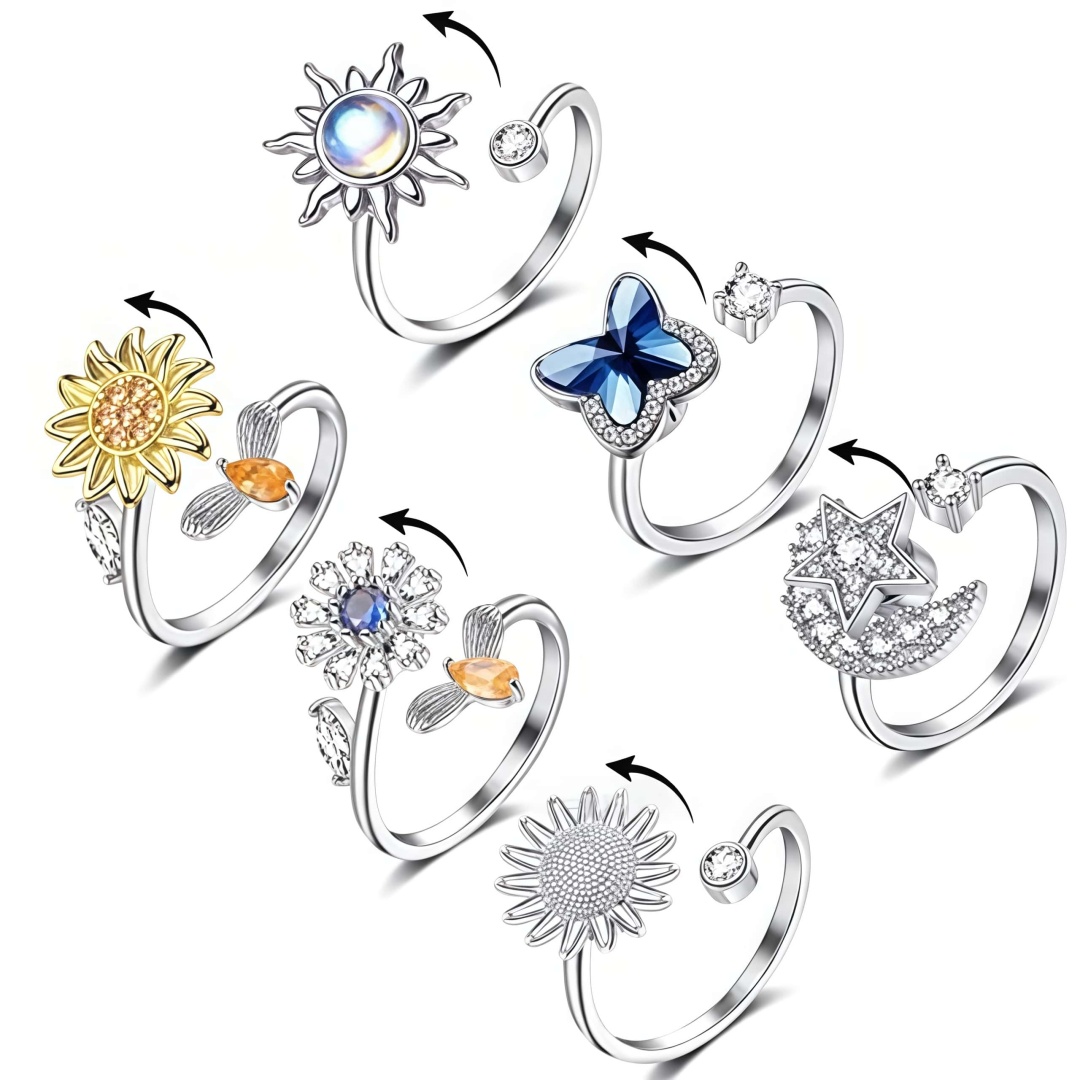 Rotatable Fidget Spinner Ring Womens Open Adjustable Anxiety Relief Rings